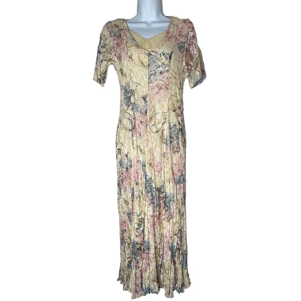 Vintage Lace Floral Maxi Dress S Rayon Cottagecore Indie Romantic Grunge 90s - Picture 2 of 12